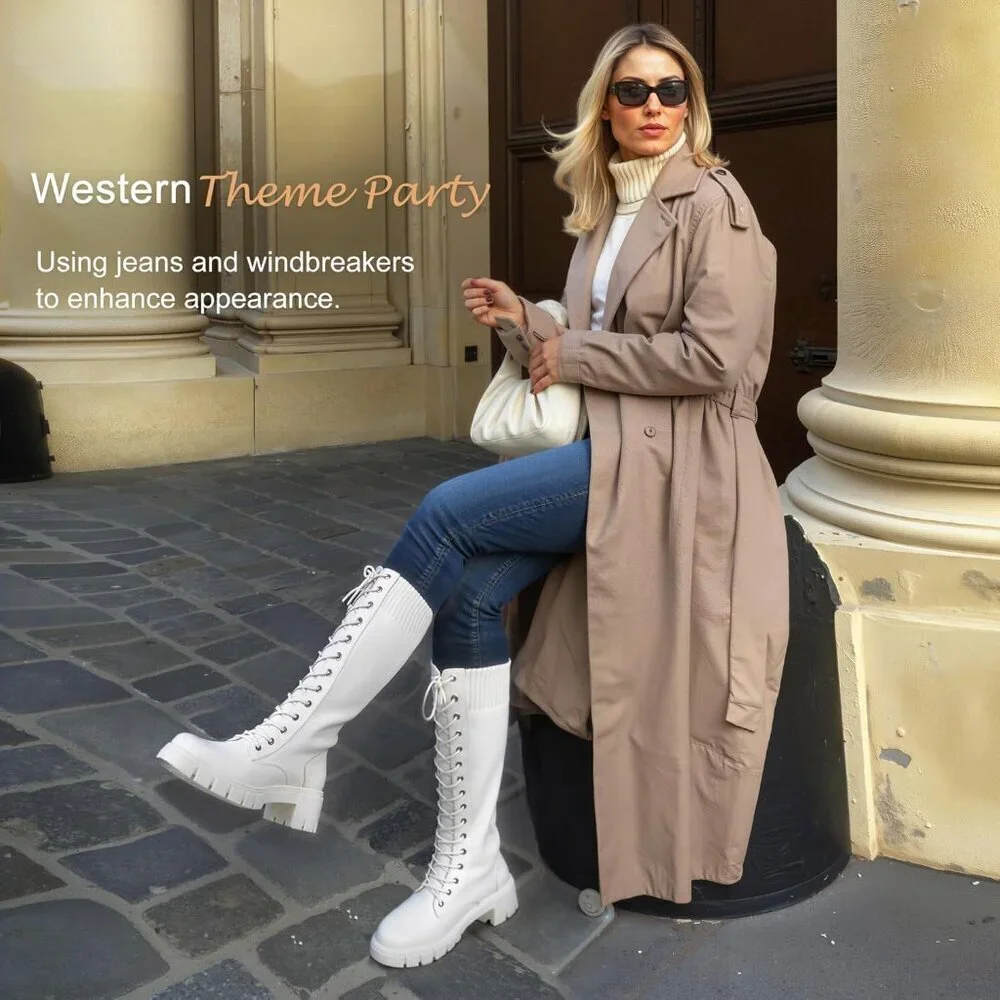 Women's White 953 Chunky Platform Heel Lace Gothic Knee High Combat Boots